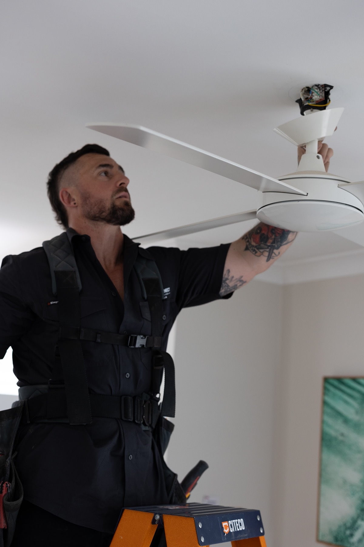 Vincent on a ladder fitting a ceiling fan