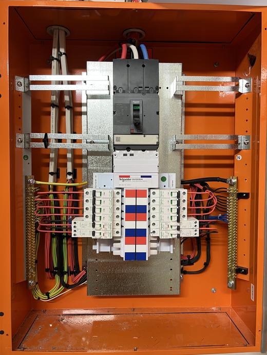 Switchboard build with busbar, main switch and circuit protection